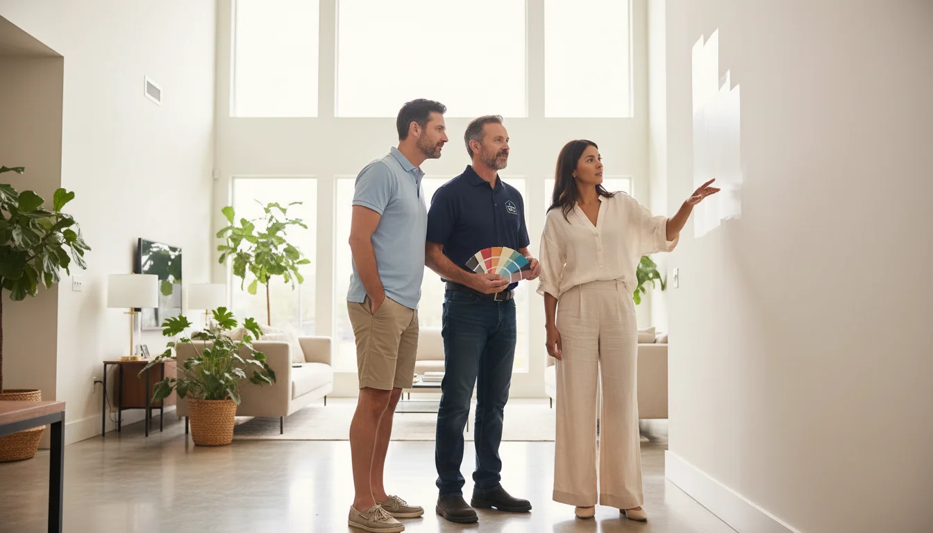 Couple Selecting Wall Paint Colors Options With RS Painting's Employee